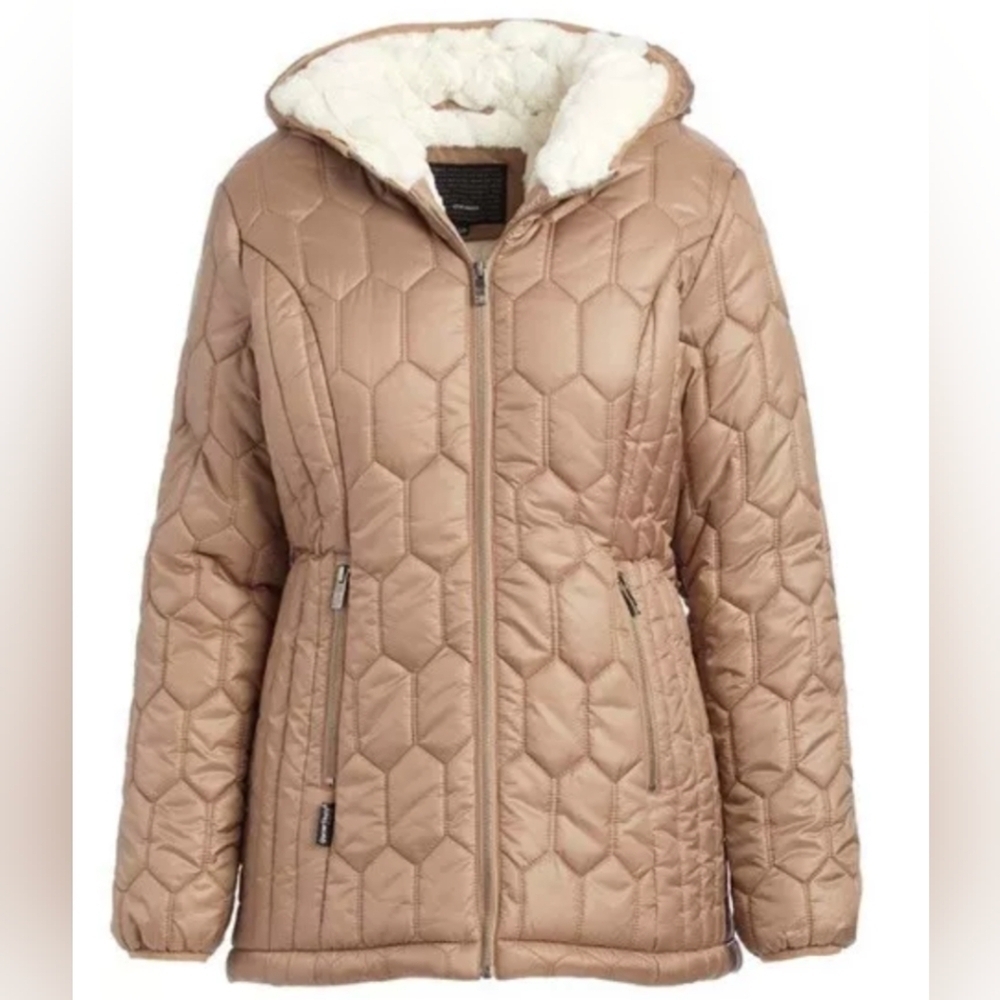Steve Madden Champagne Hooded Glacier Quilted Shield Puffer Jacket /Small NWT